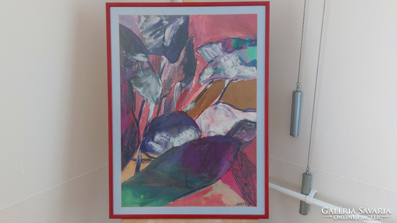 (K) Szép szignózott absztrakt festmény 58x78 cm kerettel