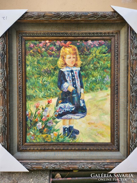 Impressionist oil on canvas painting, little girl among flowers