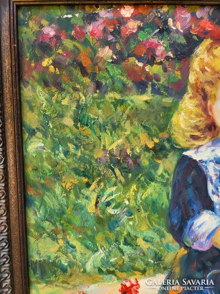 Impressionist oil on canvas painting, little girl among flowers
