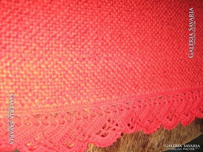 Beautiful antique red handmade crocheted woven tablecloth