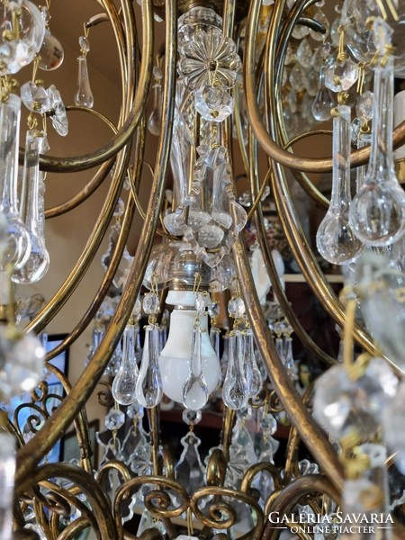 Old renovated crystal hanging copper chandelier