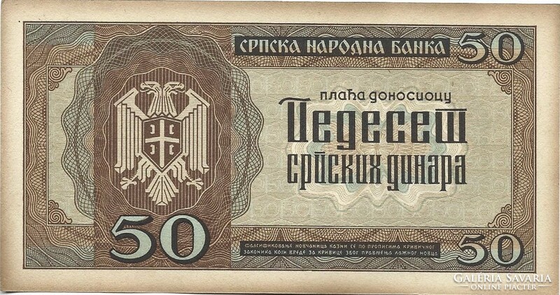 50 dinár 1942 Szerbia hajtatlan aUNC