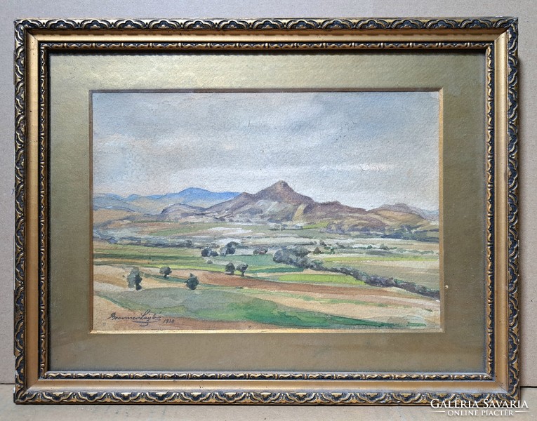 László Brenner's panoramic watercolor from 1930, with perfect frame. Landscape with mountains