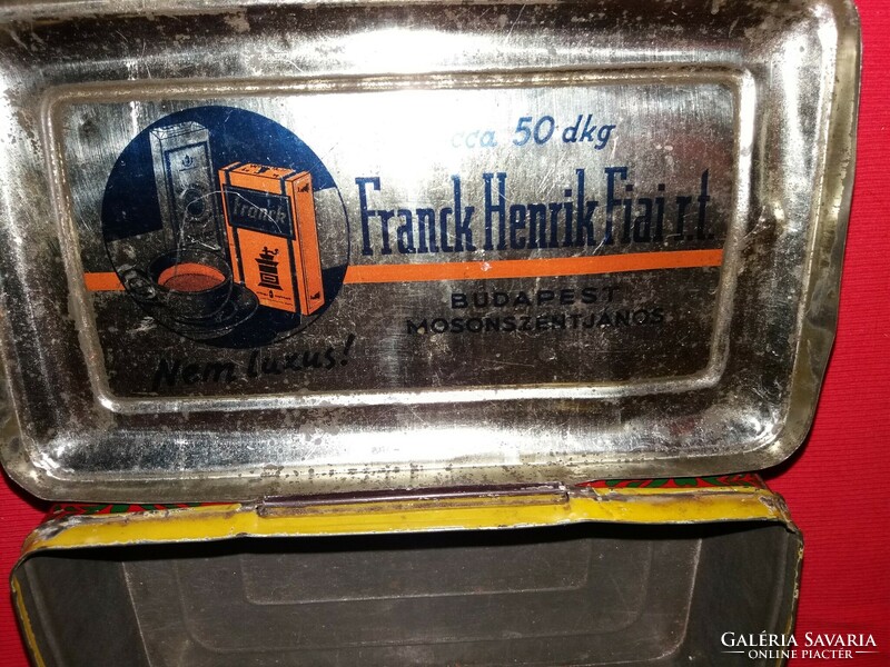Antik Franck Henrik és Fiai RT festett szűrmintás lemez lemezáru fém kávés doboz a képek szerint