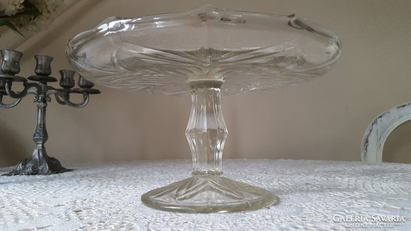 Old thick glass cake plate with wavy rim