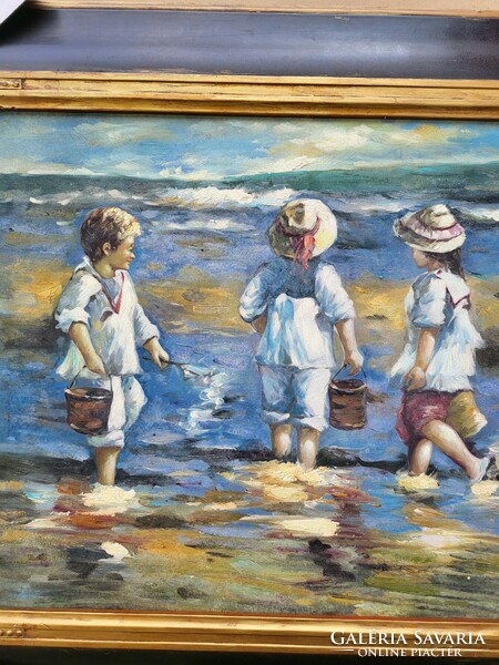 Impressionist oil-on-canvas painting, still life, children on the beach