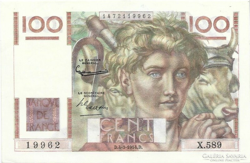 100 frank francs 1954 Franciaország 2. kötegben hajlott