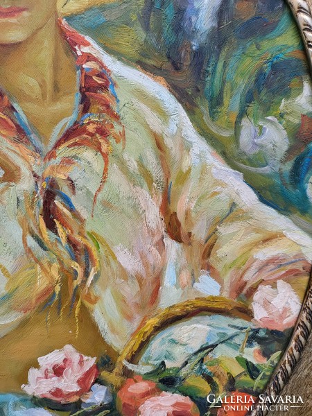 Kalapos hölgy virágokkal - impresszionista olajfestmény