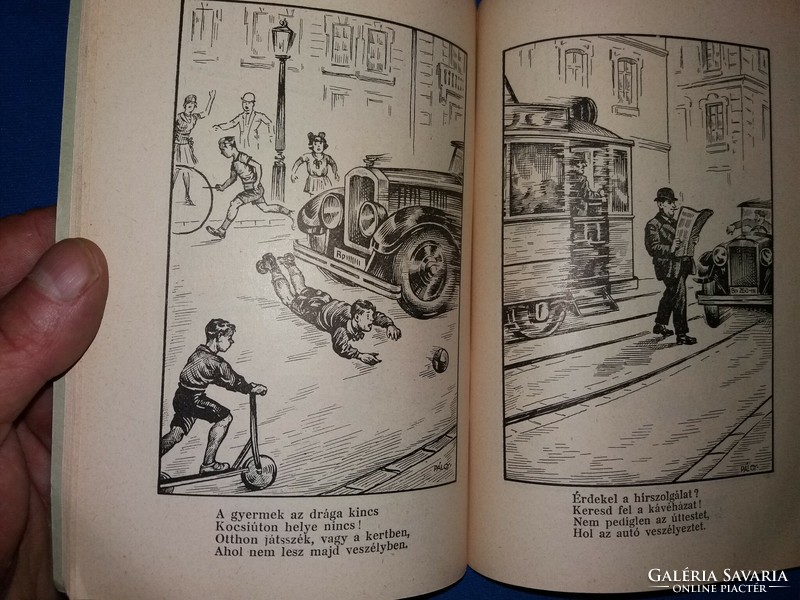 How can we avoid traffic accidents? (1928) Humorous cress with drawings by György Pál
