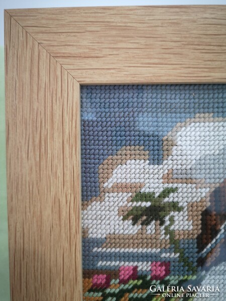 Vallási témájú gobelin üvegezett fa keretben