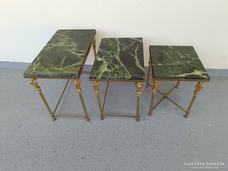 Antik 3 darab patinás réz lábú zöld márvány onix összetolható kis asztal asztalsor 789 7791