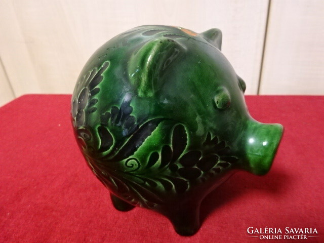 Green glazed ceramic bush, pig shape, height 12 cm. Jokai.