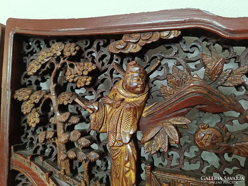 Antique patina richly pierced carved figural gilded 2 wall pictures Chinese furniture inlay 201 7486