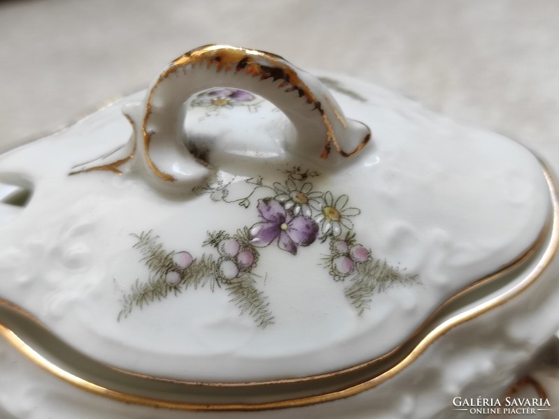 Apró virágos arany konturos ízig vérig vintage jam kínáló londoni fedeles porcelán edényke kanállal