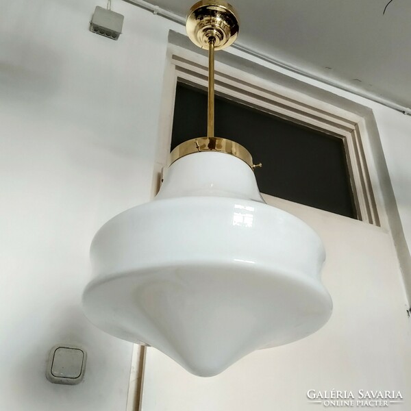 Art deco copper ceiling lamp renovated - large size, rare shape milk glass shade