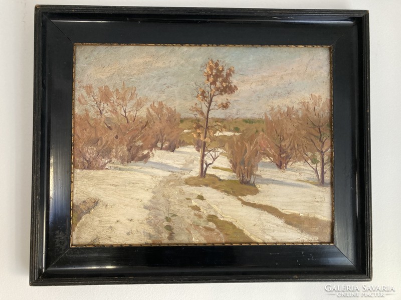 Painting by Lajos Szlányi, winter landscape