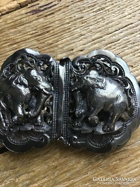 Antique Burmese handcrafted silver belt buckle with an elephant motif