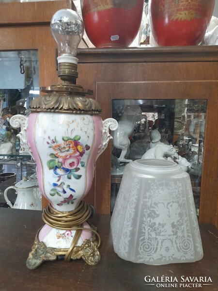 Old early 1900s hand-painted porcelain, copper electrified kerosene table lamp. 50 Cm.