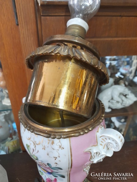 Old early 1900s hand-painted porcelain, copper electrified kerosene table lamp. 50 Cm.