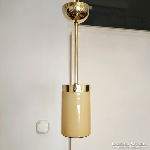 Bauhaus - art deco copper ceiling lamp renovated - cream colored cylinder shade