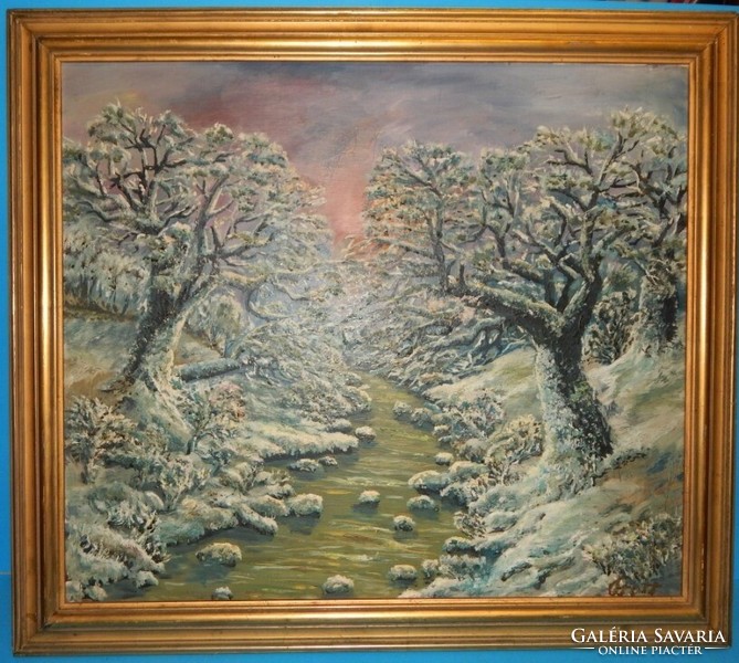 Oil-on-canvas landscape in a 80x70 cm laminated frame, in excellent condition