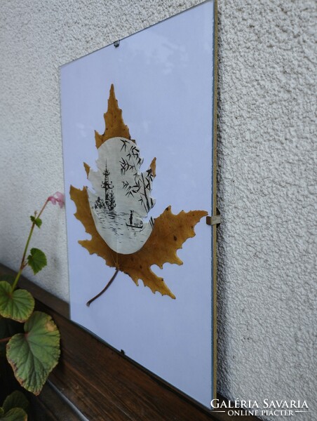 Japanese landscape on white poplar leaf