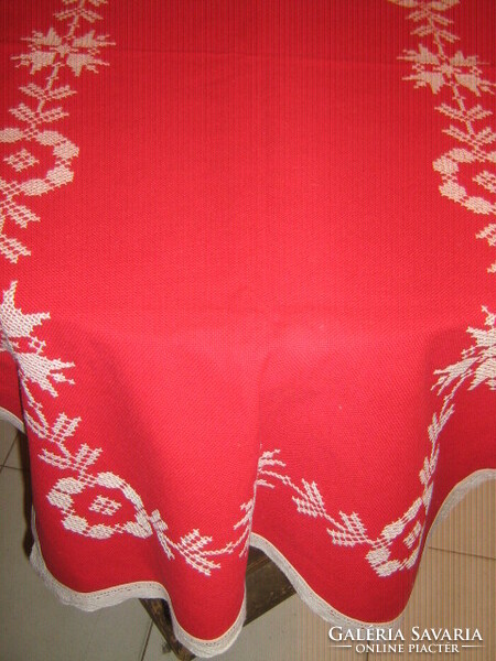 Beautiful antique hand embroidered cross stitch red woven lacy edged runner