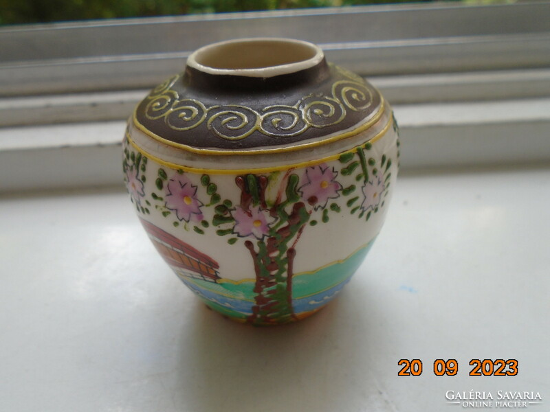 Older hand-painted embossed enamel vase Geisha on the bridge with a panoramic landscape
