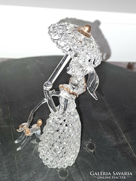 Art deco glass figurine Anika figure with a parasol. And a poodle