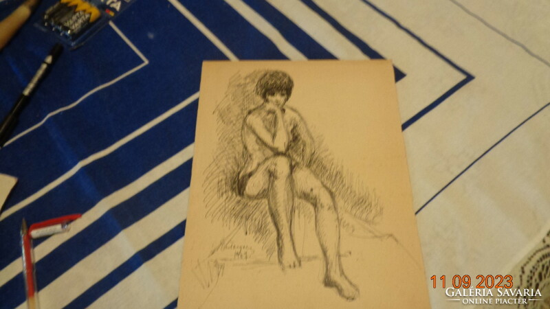 Ülő akt  ,   jelzett  , tus rajz  1967 .  A4 lapon