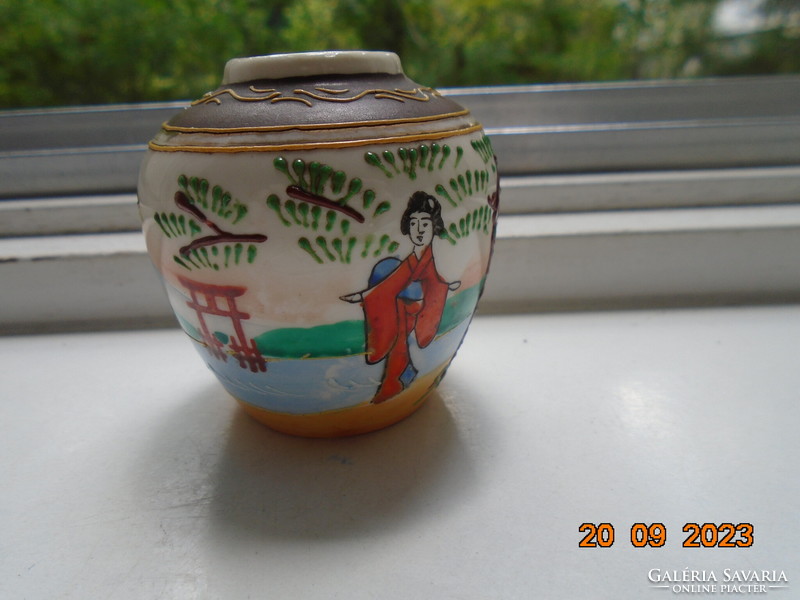 Older hand-painted embossed enamel vase geisha, torii gate, Fuji, sailing ships, panoramic landscape
