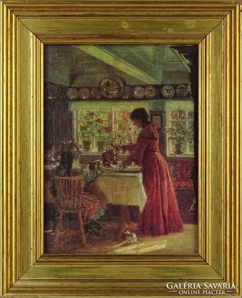 1O736 old framed oil print having tea in the kitchen 24.5 X 20 cm