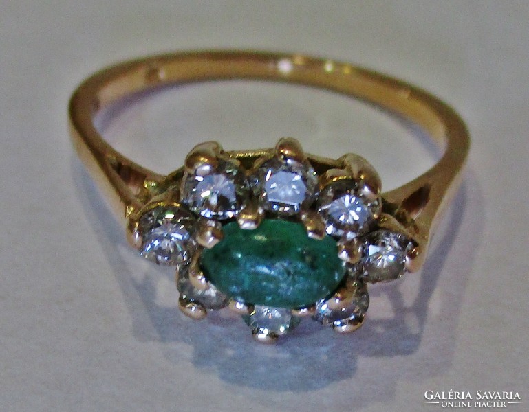 Very nice old Hungarian 14kt gold ring with 0.56ct diamond and 0.3ct emerald stones