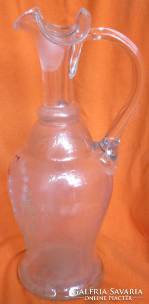 Antique hand-crafted jug, glass jug, 29 cm high with worn paint.