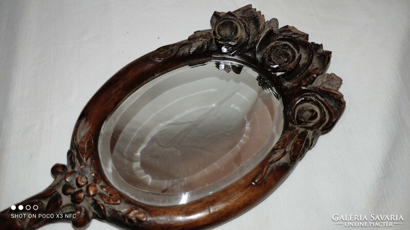 Art Nouveau carved wooden hand mirror with engraved monogram