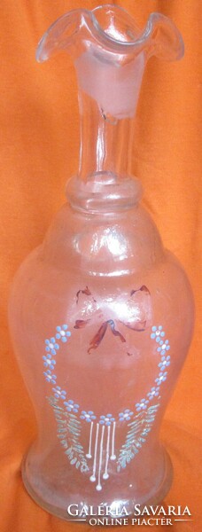 Antique hand-crafted jug, glass jug, 29 cm high with worn paint.
