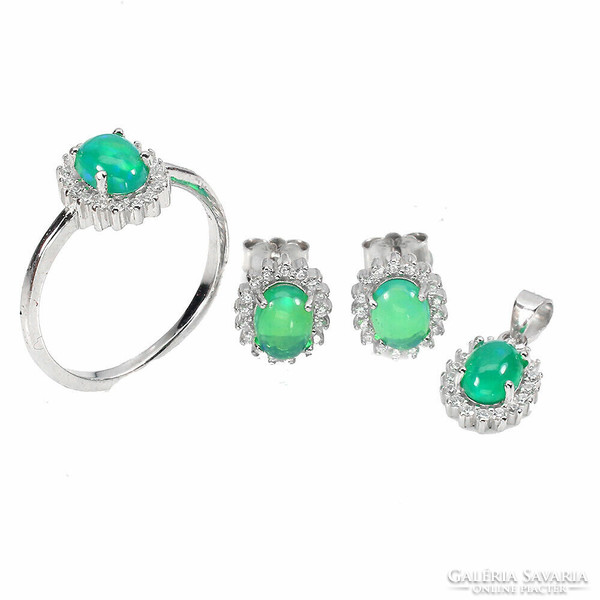 Real green opal 925 silver set with ring and earrings