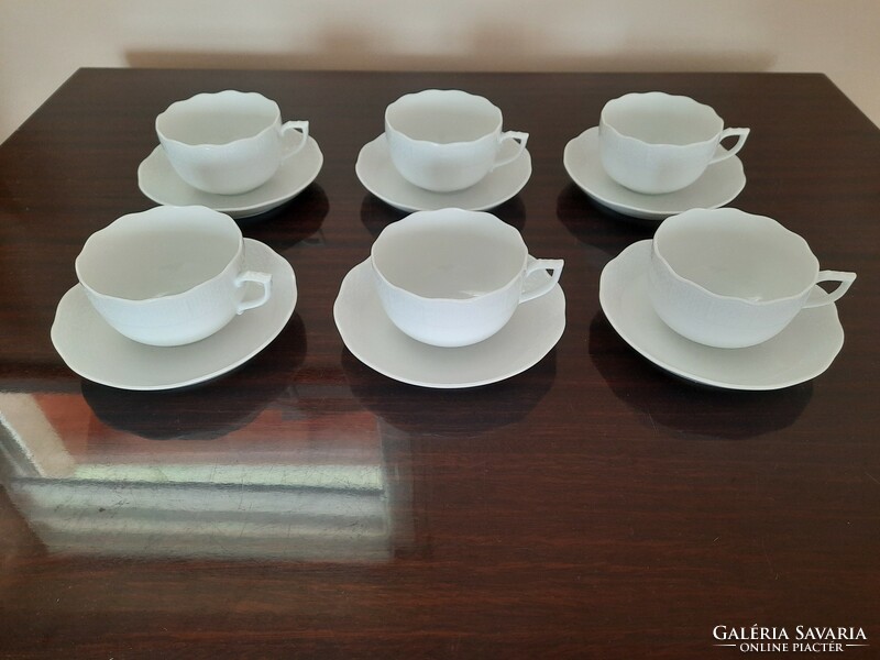 Set of 6 white Herend porcelain tea cups and saucers
