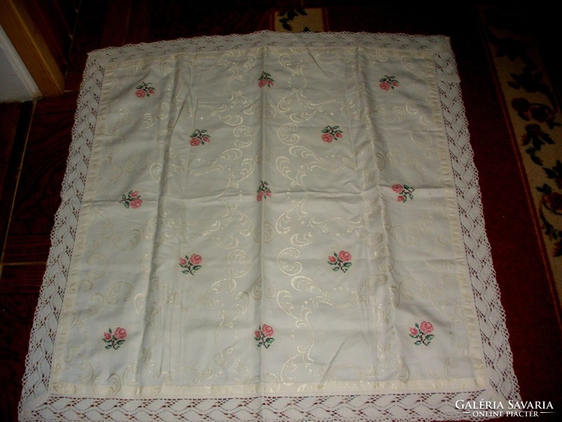 Cream white tablecloth with embroidery and lace