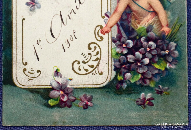 Antik dombornyomott üdvözlő képeslap angyalkák bonbonos doboz? ibolya