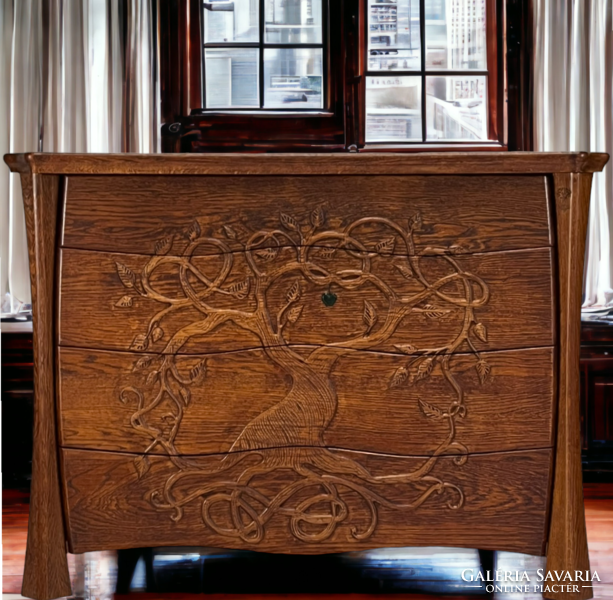 Oak chest of drawers - with tree of life decoration, 4 drawers, hidden compartment, new, numbered
