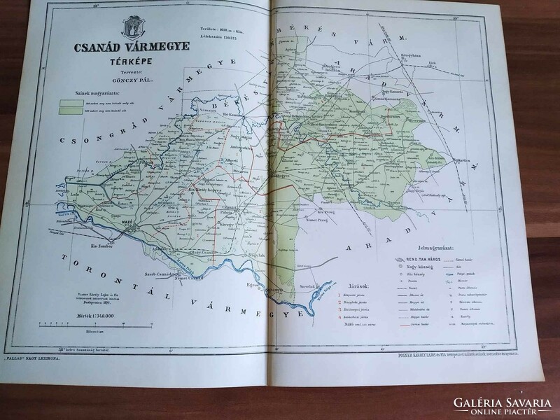 Map of Csanád county, map supplement from Pallas' large lexicon, 1893