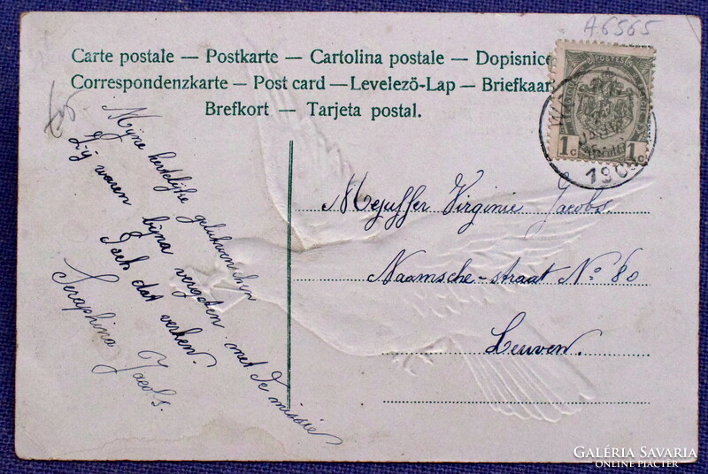 Antik dombornyomott üdvözlő képeslap  galamb levéllel