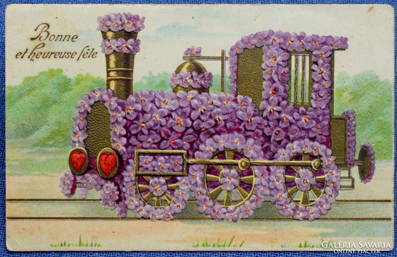Antique embossed greeting card violet flower locomotive heart