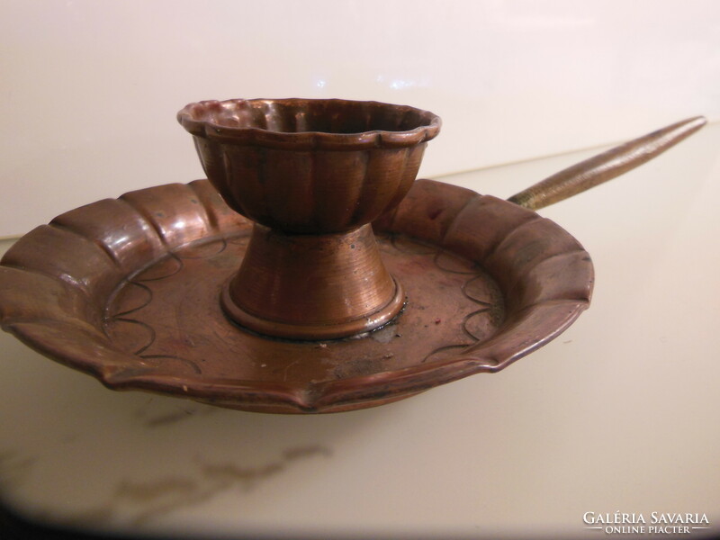 Candle holder - walking - copper - 35 dkg - 15 x 6 cm + handle 11 cm - antique - English - solid - flawless