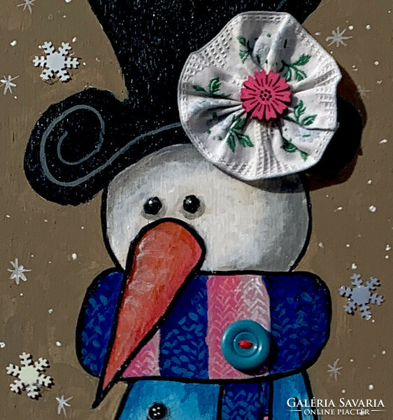 Téli, hóemberes dekoráció - akrilfestékkel lécre festett kép - 70 x 16 cm