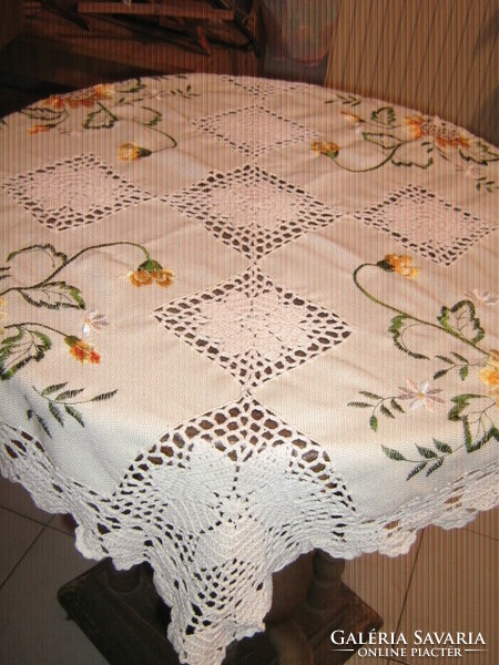Machine embroidered tablecloth with beautiful handmade crochet edges