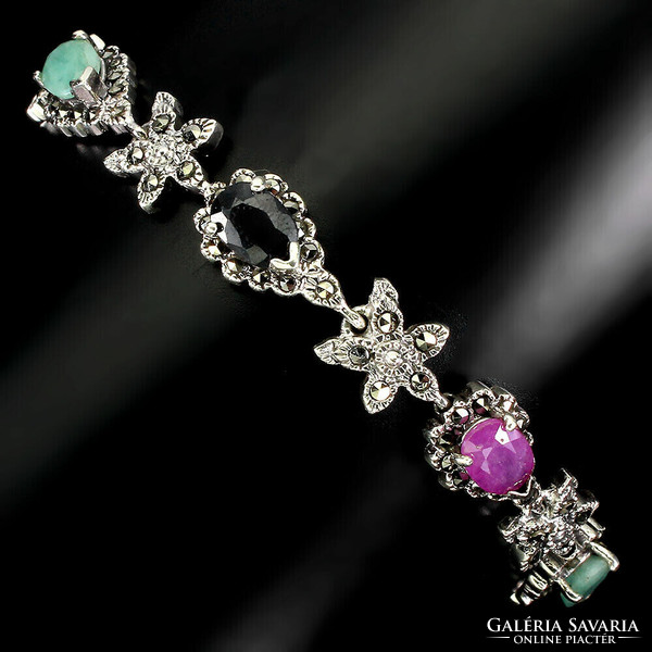 Genuine ruby emerald sapphire marcasite 925 sterling silver bracelet
