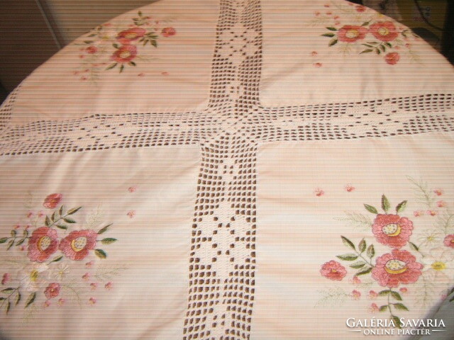 Machine embroidered tablecloth with beautiful handmade crochet edges and crochet inserts