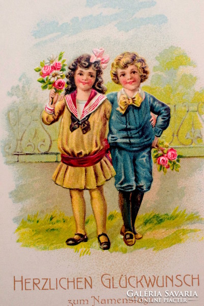 Antik dombornyomott üdvözlő képeslap gyerekek rózsacsokorral